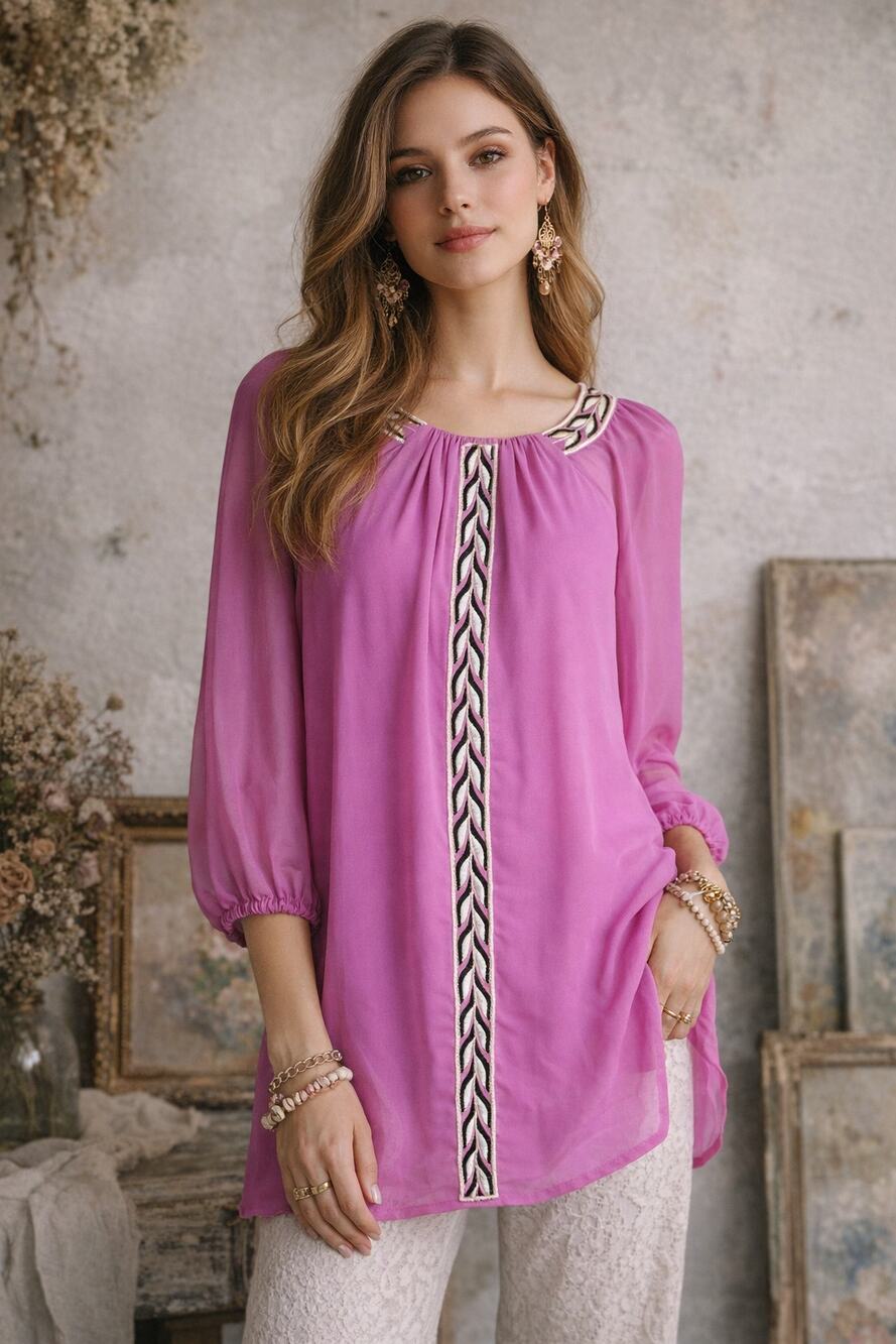 Bob Mackie Wearable Art Blouse Small Pink Purple Embroidered Tunic Artsy Chic